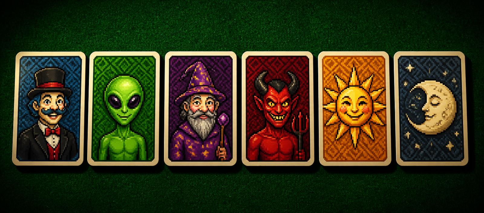 Community-curated Balatro seed joker cards displayed on a felt poker table